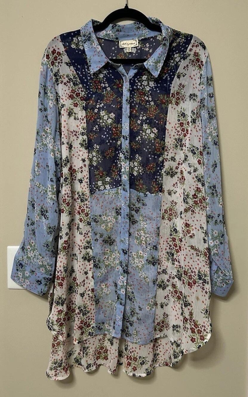 Cloth & Portrait Tunic Blouse Womens 2X Blue Patchwork Floral Sheer Button Front